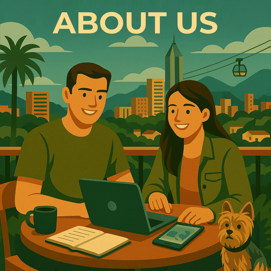 Illustration of Goran and Tatiana working on laptops with Medellin skyline in the background.