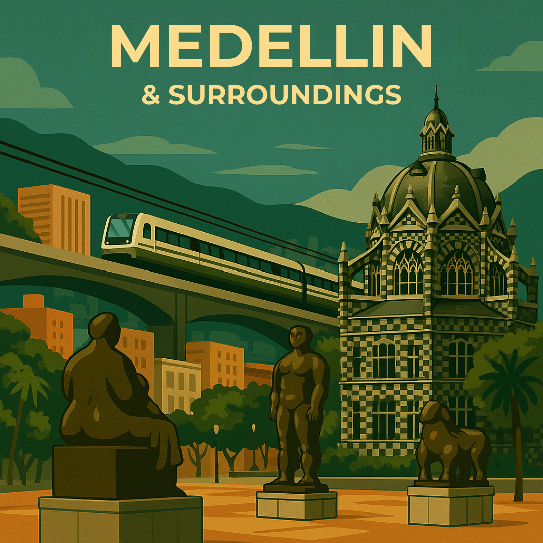 Illustration of Medellin skyline with metro and Botero statues representing Medellin & Surroundings category.