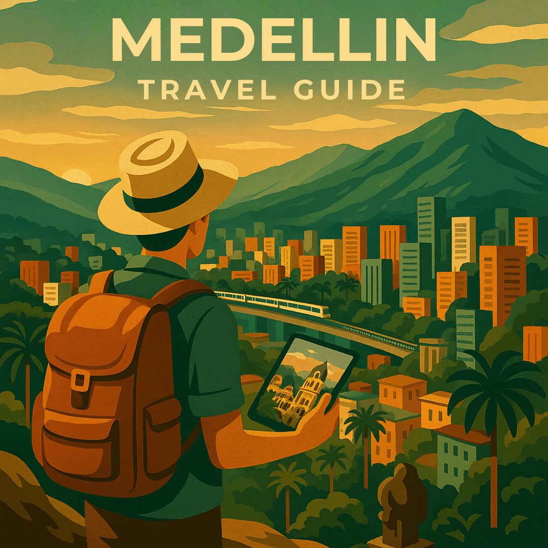 Illustration of traveler overlooking Medellin city while reading the Medellin Travel Guide.