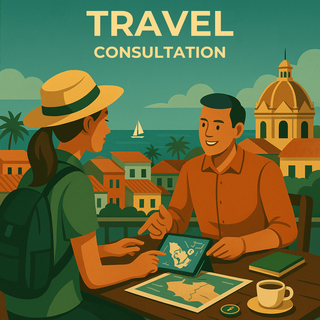 Illustration of travelers sitting with local consultants planning their trip to Colombia.