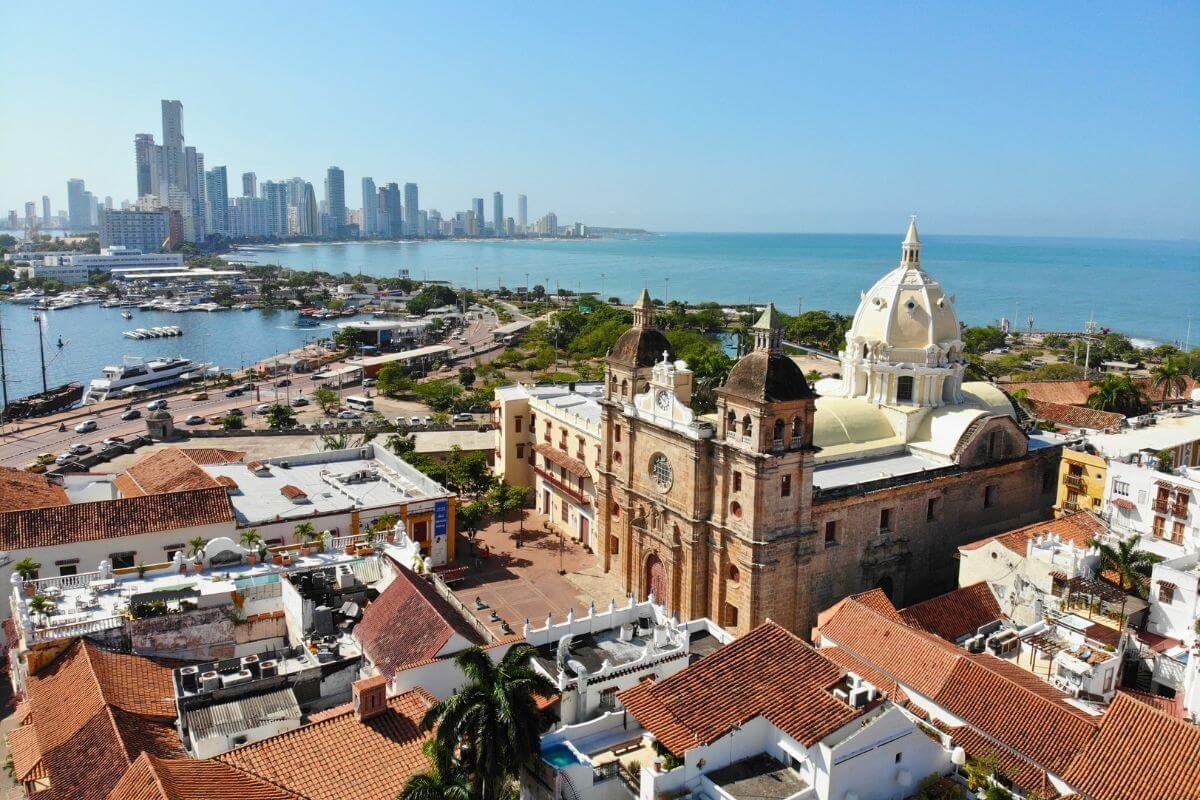 Aerial view of Cartagena Cathedral and coastline – things to do in Cartagena