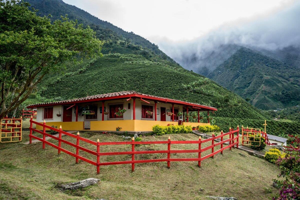 Traditional coffee farm house in the green hills of Salento, Colombia