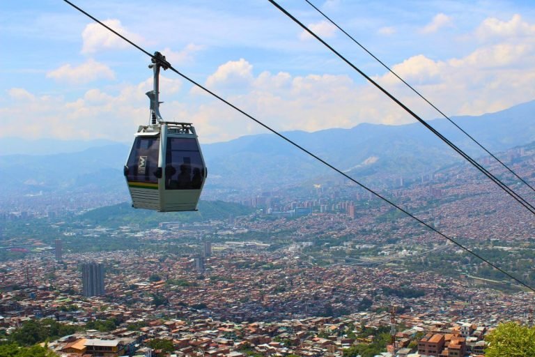 Medellin Metrocable over the city skyline