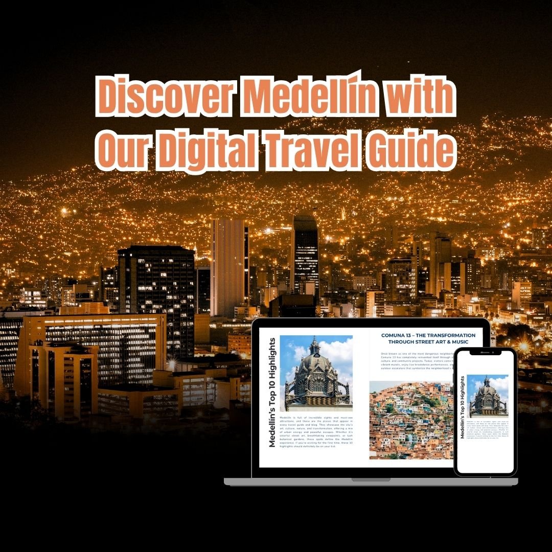 Mockup of the Medellin Insider Digital Travel Guide shown on laptop and phone, with city lights of Medellin in the background – Discover Medellin with local tips, maps, and experiences.